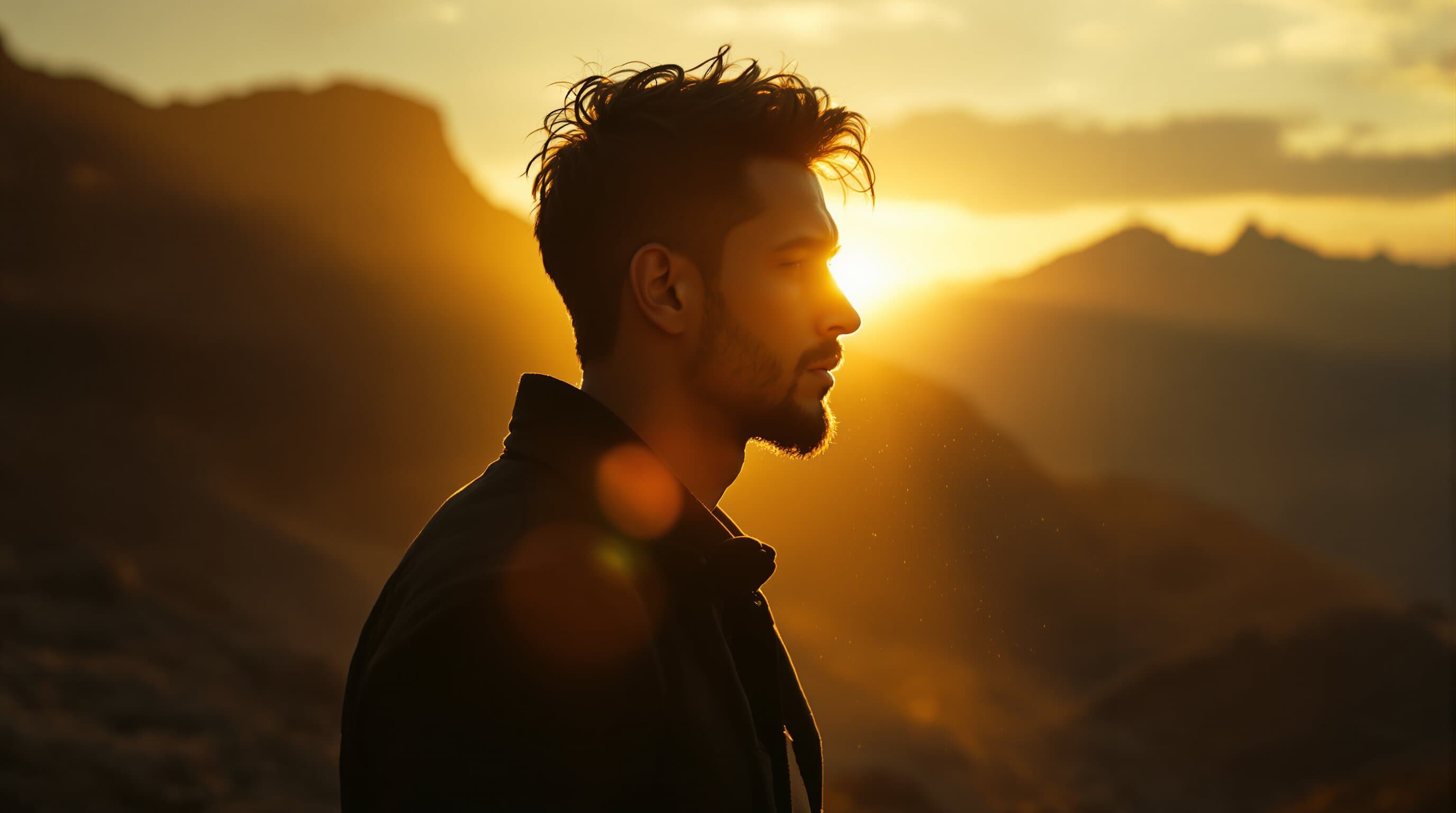At dawn, a man's silhouette against a mountain horizon